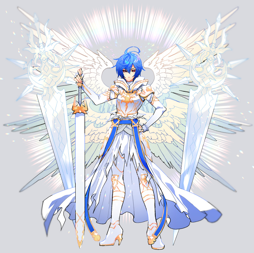 1boy ahoge alternate_color armor belt bishounen blue_belt blue_hair boots breastplate cape energy_sword expressionless feathered_wings fingerless_gloves full_body furrowed_brow gloves gold_trim granblue_fantasy grey_background hair_between_eyes hand_on_own_hip high_heel_boots high_heels highres holding holding_sword holding_weapon hood hood_down k4m light_frown light_particles light_rays male_focus messy_hair multiple_wings pants red_eyes sandalphon_(granblue_fantasy) short_hair solo_focus sword weapon white_armor white_cape white_pants white_wings wings