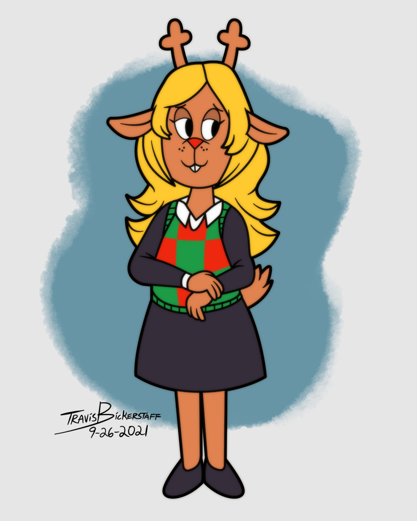 2021 absurd_res anthro antlers bickpixx blonde_hair bottomwear buckteeth clothing deer deltarune digital_drawing_(artwork) digital_media_(artwork) female footwear full-length_portrait hair hi_res horn lidded_eyes long_hair looking_aside mammal new_world_deer noelle_holiday portrait red_nose reindeer shoes signature skirt smile solo sweater sweater_vest tan_antlers tan_body tan_ears tan_face teeth topwear undertale_(series) vest