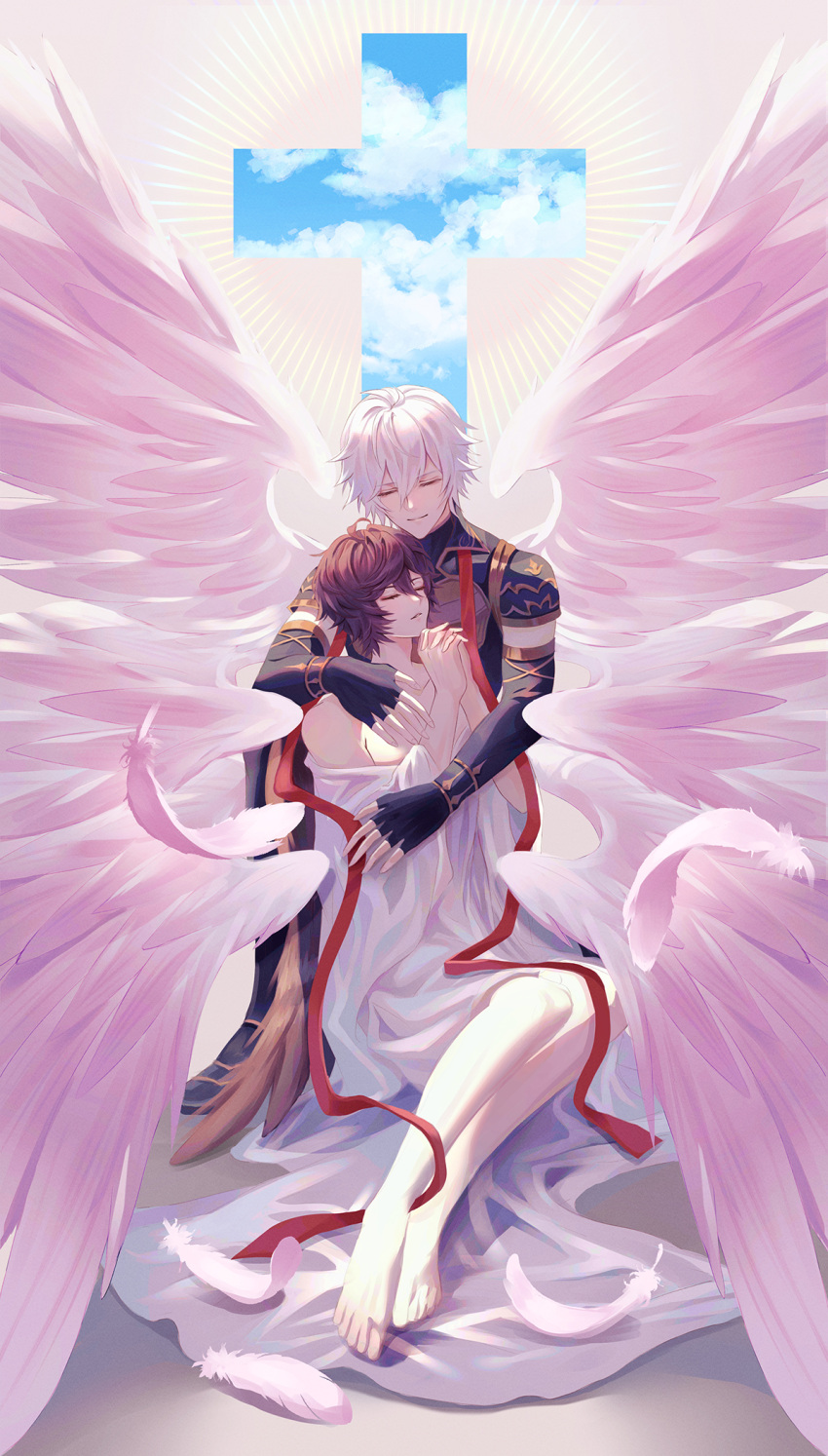 2boys ahoge barefoot bishounen brown_hair closed_eyes cloud cloudy_sky commentary commentary_request covering_with_blanket cross elbow_gloves feathered_wings feathers fingerless_gloves full_body gloves granblue_fantasy hair_between_eyes highres hug kakaki_28 kneeling lucifer_(shingeki_no_bahamut) male_focus messy_hair multiple_boys multiple_wings praying red_ribbon ribbon sandalphon_(granblue_fantasy) short_hair silhouette sitting sky white_feathers white_hair white_wings wings yaoi