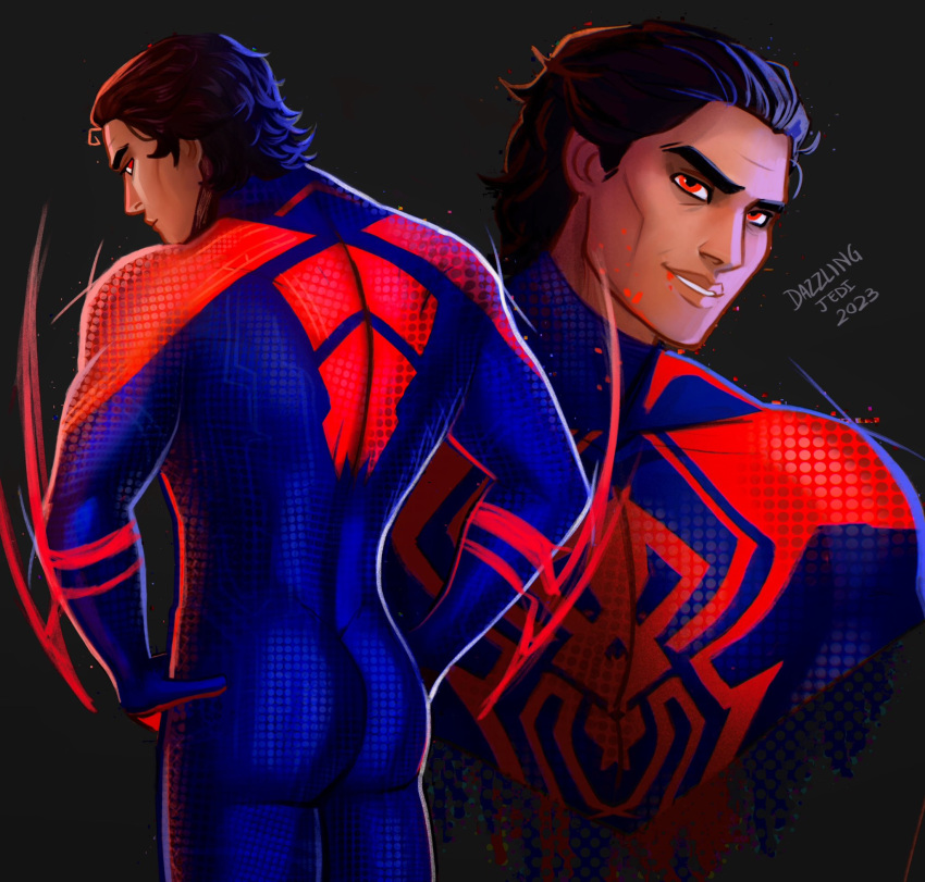 1boy 2023 artist_name black_hair blue_bodysuit bodysuit dated dazzlingjedi english_commentary grey_background hair_slicked_back hand_on_own_hip highres looking_back marvel miguel_o'hara multiple_views red_bodysuit red_eyes short_hair simple_background smile spider-man:_across_the_spider-verse spider-man_(series) spider-verse thick_eyebrows two-tone_bodysuit