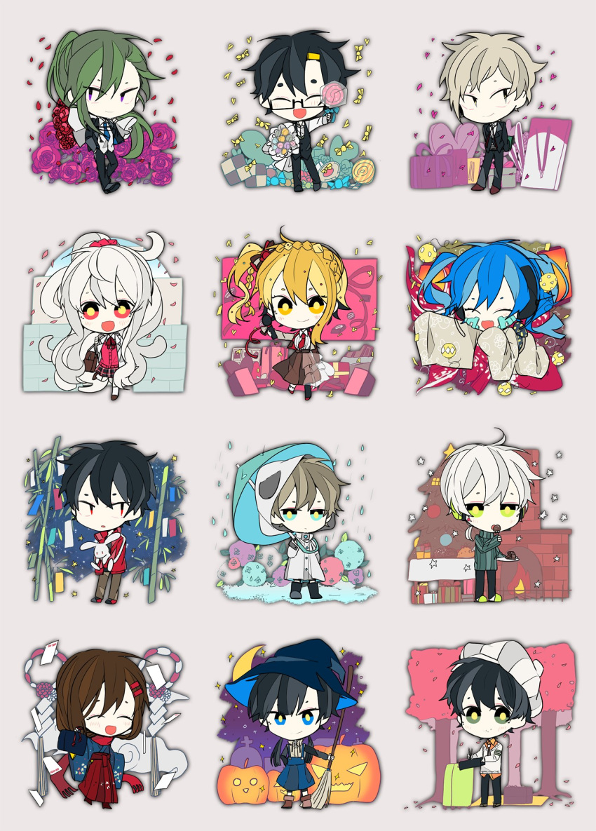 6+boys 6+girls absurdly_long_hair alternate_costume alternate_eye_color amamiya_hibiya aqua_flower aqua_umbrella asahina_hiyori bag bamboo beret bespectacled black-framed_eyewear black_eyes black_footwear black_hair black_jacket black_pants black_skirt black_suit black_vest blue_eyes blue_hair blue_hat blue_kimono blue_necktie blue_skirt bolo_tie bouquet bow box braid brick_wall bright_pupils broom brown_bag brown_bow brown_footwear brown_hair brown_skirt candy cardigan checkerboard_cookie chibi chicken_(food) christmas_tree closed_eyes closed_mouth coat collared_shirt commentary_request confetti cookie crescent_moon cross cup drink drinking_glass ene_(kagerou_project) facial_mark facing_viewer fire fireplace floating floating_object flower food fork formal full_body gift gift_box glasses green_eyes green_hair grey_eyes grey_hair grey_hat grey_kimono grey_pants grey_sweater hair_bow hair_ornament hair_scrunchie hairclip hakama hakama_skirt hat headphones heart-shaped_box highres holding holding_bag holding_behind_back holding_bouquet holding_broom holding_candy holding_food holding_fork holding_lollipop holding_microphone holding_plate holding_stuffed_toy holding_umbrella hood hood_up hooded_coat hydrangea jack-o'-lantern jacket japanese_clothes juice kagerou_project kano_shuuya kido_tsubomi kimono kisaragi_momo kisaragi_shintarou kokonose_haruka konoha_(kagerou_project) korean_commentary kozakura_marry lantern lollipop long_hair long_skirt long_sleeves looking_at_viewer looking_to_the_side low_twintails mat microphone midair moon multicolored_bow multiple_boys multiple_girls necktie nyakuru_(kanachiaki) one_side_up open_mouth orange_eyes orange_hair orange_shirt pants papers petals pink_cardigan pink_flower pink_scrunchie plate pleated_skirt pocky ponytail purple_eyes purple_flower rectangular_eyewear red_bow red_eyes red_flower red_hakama red_jacket red_necktie red_rose rose school_bag school_uniform scrunchie semi-rimless_eyewear seto_kousuke shirt shoes short_hair short_ponytail skirt smile standing standing_on_one_leg star_(symbol) stuffed_animal stuffed_rabbit stuffed_toy suit suit_jacket suspender_skirt suspenders sweater swirl_lollipop table tateyama_ayano tombstone tree twintails two-tone_eyes two-tone_hat umbrella under-rim_eyewear untucked_shirt very_long_hair vest waistcoat wavy_hair white_background white_coat white_hair white_hat white_shirt white_sweater wide_sleeves witch_hat