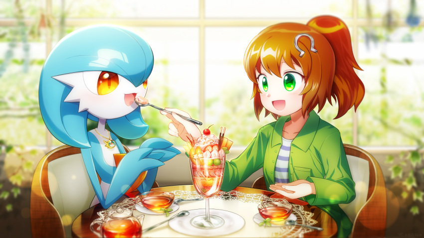 2girls alternate_color blue_hair brown_hair colored_skin eating feeding gardevoir green_eyes green_jacket hair_ornament highres jacket jewelry long_hair lotosu mega_stone multicolored_skin multiple_girls necklace open_mouth orange_eyes parfait plant pokemon pokemon_(creature) ponytail shiny_pokemon shirt smile spoon striped_clothes striped_shirt table two-tone_skin white_skin