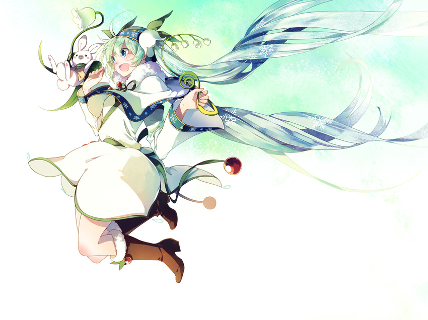 blue_eyes blue_hair boots brown_footwear bunny capelet dress flower flower_skirt fur_boots gradient_hair green_hair hair_flower hair_ornament hatsune_miku highres jumping knee_boots lily_(flower) long_hair long_sleeves multicolored_hair open_mouth revision shuzi silver_hair smile snow_fairy_story_(vocaloid) twintails very_long_hair vocaloid white_dress wide_sleeves yuki_miku yukine_(vocaloid)