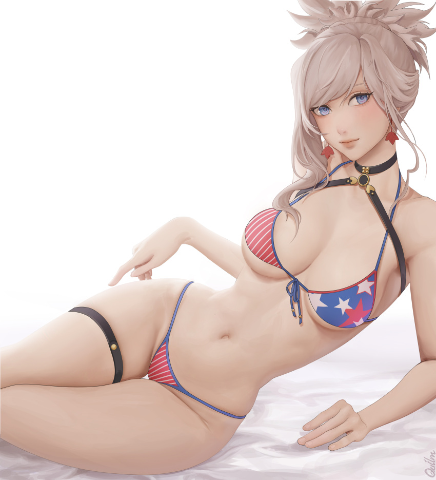 1girl absurdres american_flag_bikini arm_support bed_sheet bikini blue_eyes breasts closed_mouth earrings fate/grand_order fate_(series) flag_print folded_ponytail front-tie_bikini_top front-tie_top hand_on_own_thigh highres jewelry lips looking_at_viewer lying medium_breasts miyamoto_musashi_(fate) miyamoto_musashi_(swimsuit_berserker)_(fate) navel on_side print_bikini quilm solo string_bikini swimsuit thigh_gap thigh_strap thighs underboob white_hair
