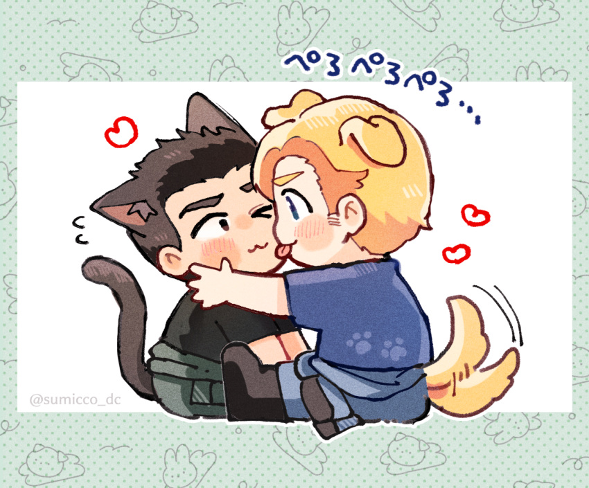 &gt;:) 2boys :3 animal_ears ao_isami black_hair blonde_hair blush cat_boy cat_ears couple deformed dog_boy dog_ears dog_tail facial_hair flying_sweatdrops full_body highres lewis_smith licking licking_another's_cheek licking_another's_face loving_aura male_focus medium_sideburns multiple_boys one_eye_closed sideburns_stubble stubble sumicco_dc tail tail_wagging thick_eyebrows tongue tongue_out translation_request v-shaped_eyebrows yaoi yuuki_bakuhatsu_bang_bravern