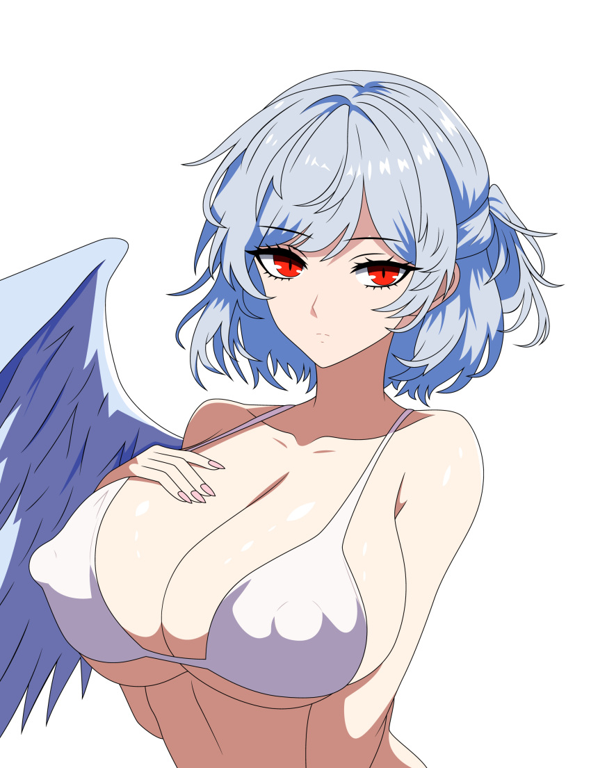1girl absurdres bikini breasts cleavage closed_mouth commentary commentary_request covered_nipples grey_hair grey_wings half_updo hand_on_own_chest highres huge_breasts kishin_sagume looking_at_viewer pink_nails red_eyes short_hair simple_background single_wing solo ssaf52913778 swimsuit touhou upper_body white_background white_bikini wings