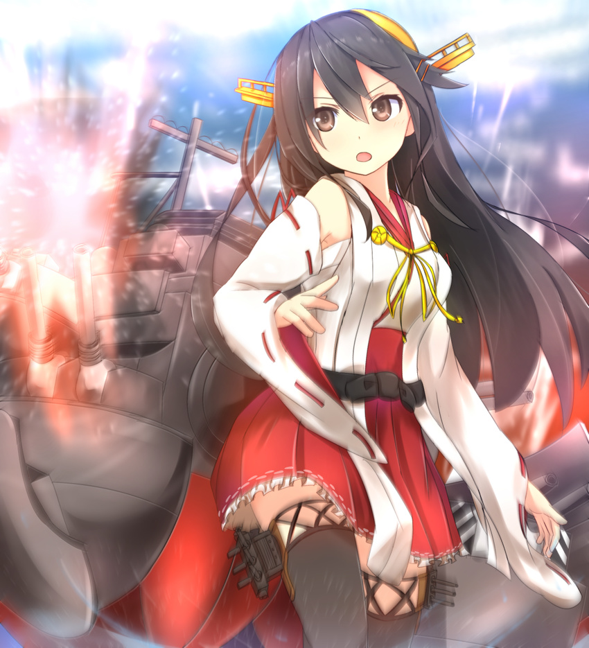 :o bare_shoulders black_hair brown_eyes cuon_(kuon) detached_sleeves firing frilled_skirt frills hair_ornament hairband hairclip haruna_(kantai_collection) headgear highres kantai_collection lace lace-trimmed_thighhighs long_hair machinery muzzle_flash nontraditional_miko open_mouth red_skirt ribbon-trimmed_sleeves ribbon_trim skirt solo thighhighs v-shaped_eyebrows