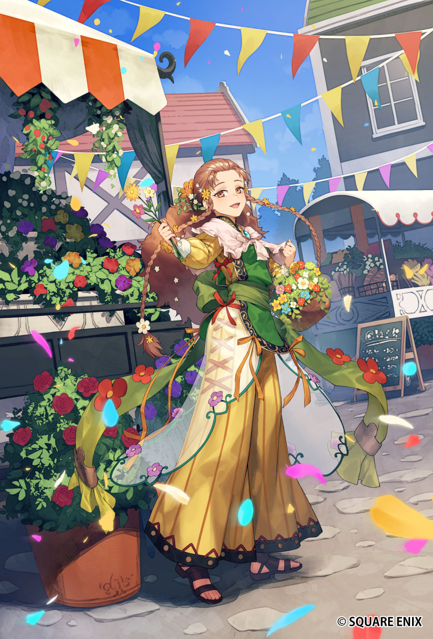 1girl absurdres big_hair braid brown_eyes brown_hair chyko7080 dress flower full_body hair_flower hair_ornament highres long_hair looking_at_viewer official_art open_mouth red_flower red_rose romancing_saga_3 rose saga sarah_carson smile solo square_enix twin_braids