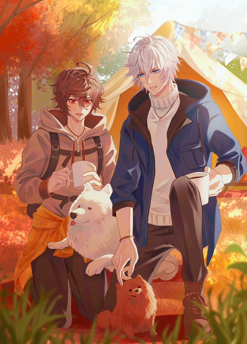 2boys :o ahoge alternate_costume autumn autumn_leaves backpack bag bishounen blue_eyes boots brown_hair camping coffee_mug commentary commentary_request cup dog forest granblue_fantasy grass highres holding holding_cup hood hood_down jacket jewelry kakaki_28 kneeling light_blush lucifer_(shingeki_no_bahamut) male_focus messy_hair mug multiple_boys nature necklace on_one_knee open_mouth outdoors parted_lips plant pomeranian_(dog) red_eyes samoyed_(dog) sandalphon_(granblue_fantasy) shadow shirt short_hair sweater tent tied_jacket turtleneck turtleneck_sweater white_hair