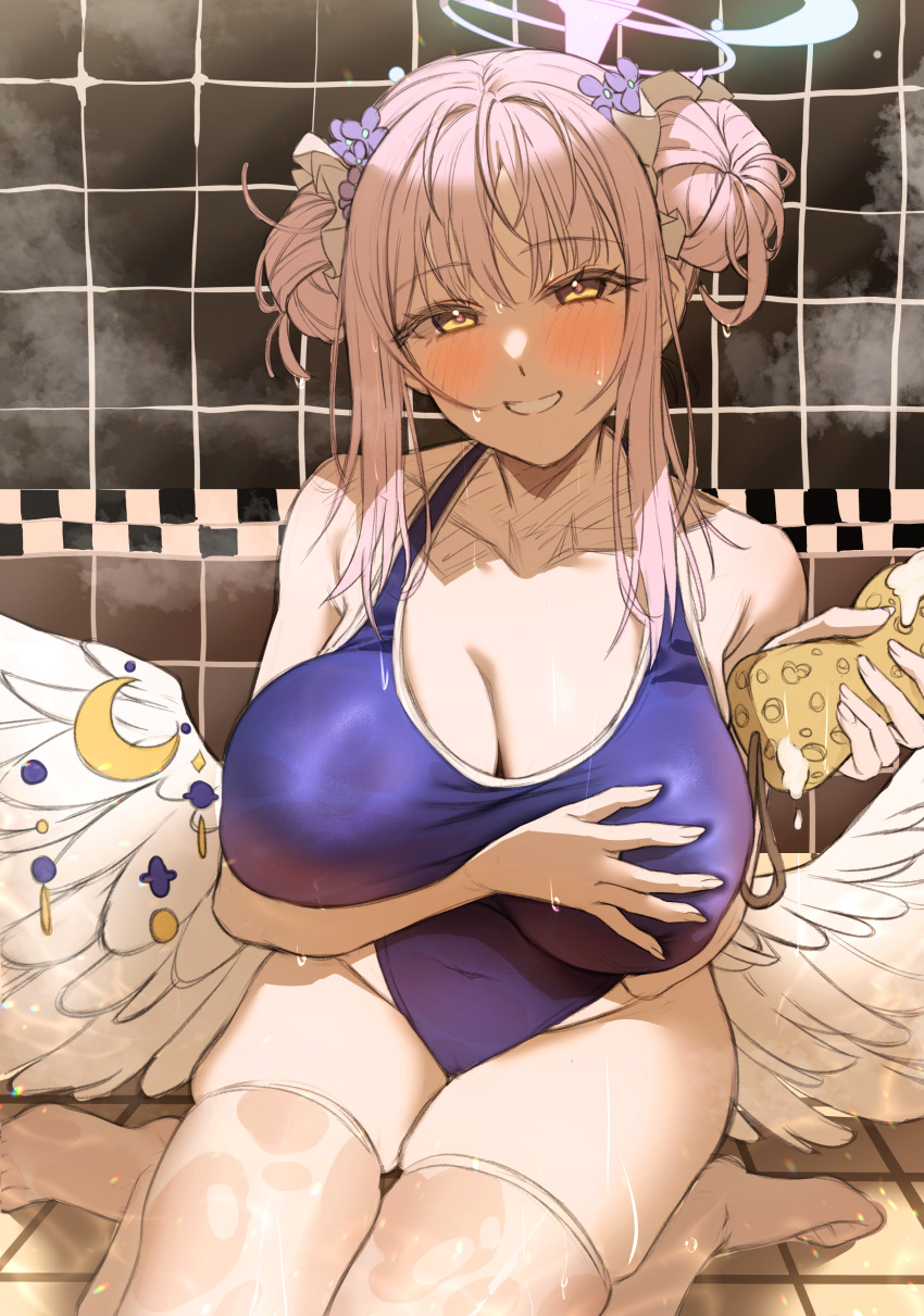 1girl absurdres alternate_costume alternate_hairstyle arm_between_breasts bare_shoulders bathroom between_breasts blue_archive blue_one-piece_swimsuit blush breasts cleavage covered_navel covered_nipples crescent_print double_bun feathered_wings hair_bun halo highleg highleg_swimsuit highres holding holding_sponge indoors inverted_nipples large_breasts looking_at_viewer low_wings mika_(blue_archive) nipples nompang one-piece_swimsuit pink_hair pink_halo see-through_swimsuit sitting skindentation smile solo sponge swimsuit thick_thighs thighhighs thighs tile_floor tile_wall tiles wariza white_thighhighs white_wings wing_ornament wings yellow_eyes yellow_sponge