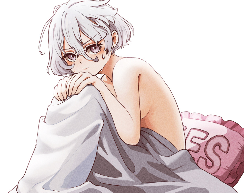 1girl alternate_hair_length alternate_hairstyle bed_sheet breasts commentary_request grey_eyes grey_hair gundam gundam_suisei_no_majo hands_on_own_knees highres looking_at_viewer messy_hair miorine_rembran naked_sheet nieto_tokage nude pillow short_hair sideboob simple_background solo sweat white_background yes-no_pillow