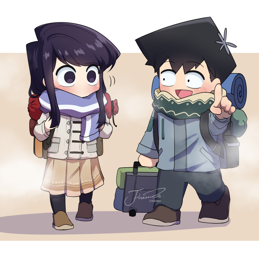 1boy 1girl absurdres artist_name backpack bag black_hair black_socks brown_footwear brown_skirt chibi commentary flower fog full_body hair_flower hair_ornament highres j_humbo jacket komi-san_wa_komyushou_desu komi_shouko long_hair long_sleeves looking_at_another no_mouth no_nose open_mouth outstretched_arm pointing pointing_at_viewer purple_eyes purple_hair scarf shoes short_hair signature simple_background skirt socks standing swept_bangs tadano_hitohito white_background winter_clothes