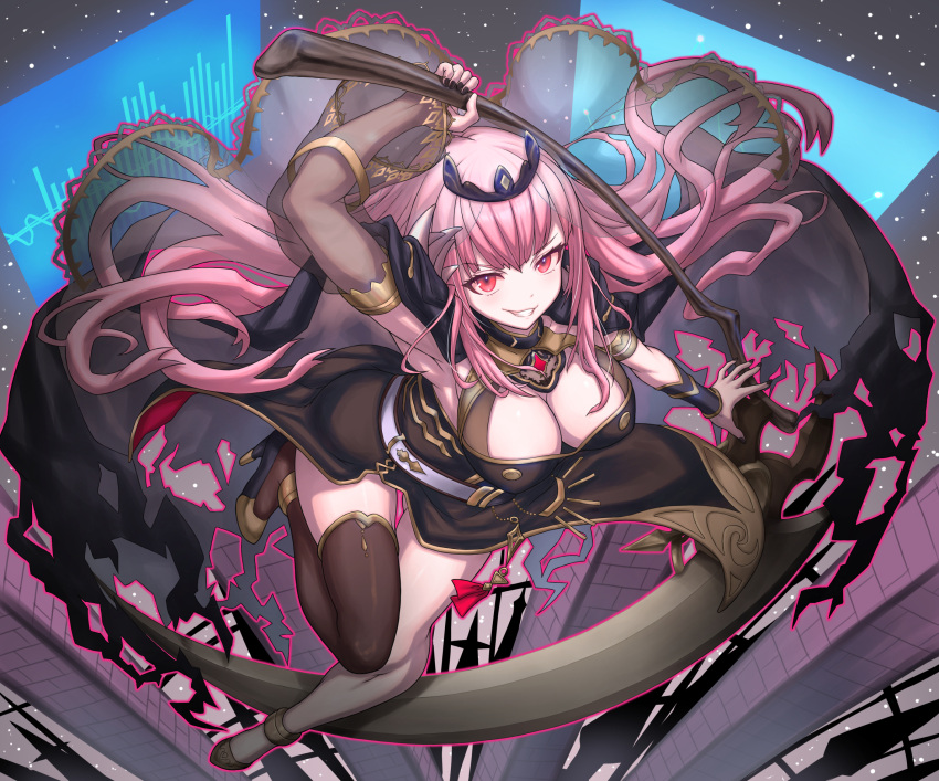 1girl armpits asymmetrical_legwear black_cape black_dress black_nails black_tiara breasts cape cleavage detached_sleeves dress highres holding holding_scythe hololive hololive_english large_breasts looking_at_viewer mori_calliope mori_calliope_(1st_costume) perspective pink_hair red_eyes scythe single_detached_sleeve single_thighhigh solo teku_(2nd_escape) thighhighs tiara torn_cape torn_clothes veil virtual_youtuber