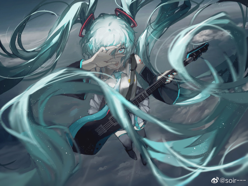 1girl above_clouds arm_tattoo black_footwear black_sleeves blue_eyes blue_hair blue_nails blue_necktie boots chinese_commentary cloud collared_shirt commentary_request detached_sleeves electric_guitar floating_hair from_above full_body grey_skirt guitar hair_between_eyes hand_up hatsune_miku highres holding holding_instrument instrument long_hair midair necktie niutoutou one_eye_covered open_mouth outdoors shirt skirt sleeveless sleeveless_shirt solo tattoo thigh_boots twintails vocaloid weibo_logo weibo_username white_shirt