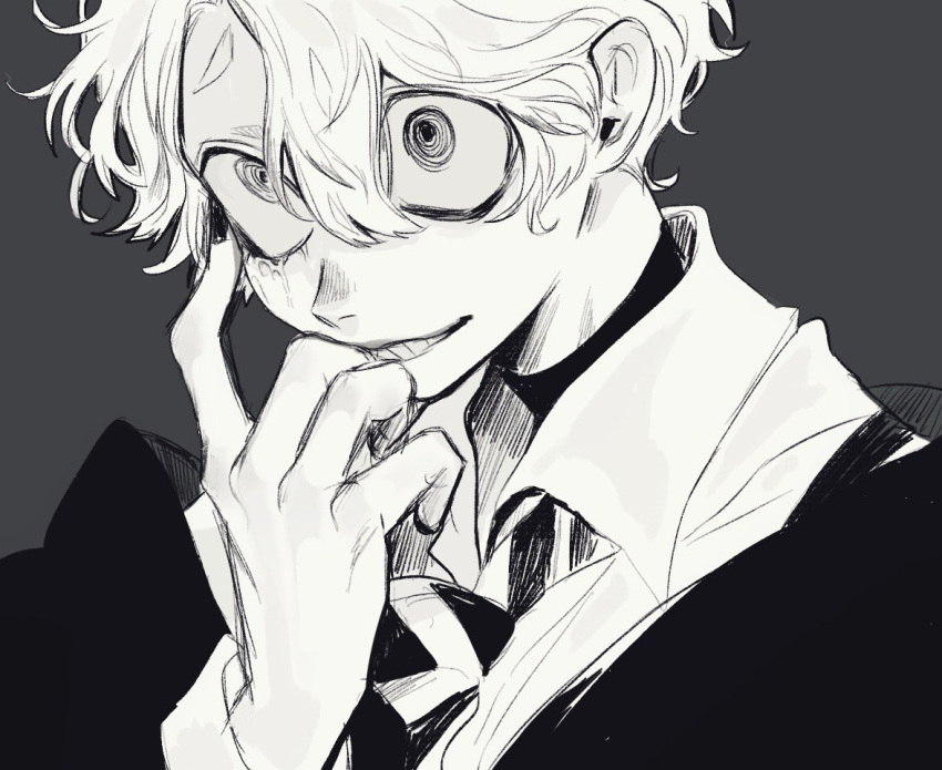 1boy @_@ collared_shirt crazy_eyes grey_background greyscale grin hand_on_own_face hand_up looking_at_viewer male_focus minai_mosa monochrome necktie original shirt short_hair simple_background smile solo striped_necktie upper_body