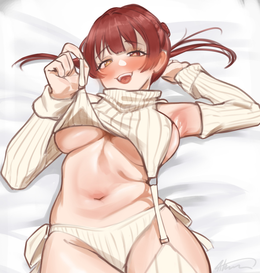 1girl absurdres aiharararara armpits assertive_female bed blush breasts curvy female_pervert hand_up heterochromia highres hololive houshou_marine imminent_undressing large_breasts long_hair looking_at_viewer lying meme_attire navel on_back on_bed open_mouth pervert red_hair solo thighs tongue twintails underboob undressing virgin_killer_sweater virtual_youtuber
