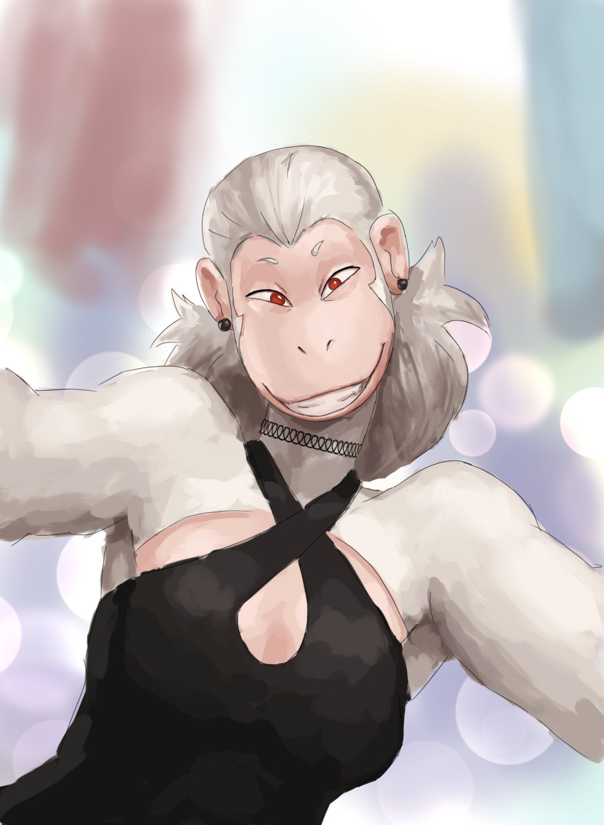 2024 anthro choker clothed clothing dress ear_piercing female fur haplorhine hi_res jewelry looking_at_viewer lucy_(davestoons) mammal monkey necklace piercing primate red_eyes redustheriotact simple_background smile solo toothy_grin white_body white_fur