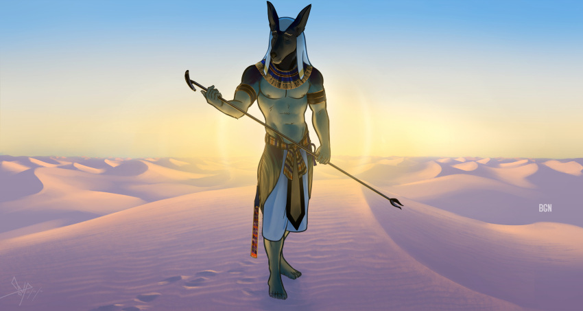 abs anthro anubian_jackal anubis bgn canid canine canis deity desert dunes egyptian_mythology facial_hair feet goatee hi_res humanoid_feet humanoid_hands jackal male mammal middle_eastern_mythology mythology nipples pecs plantigrade shaded soft_shading solo