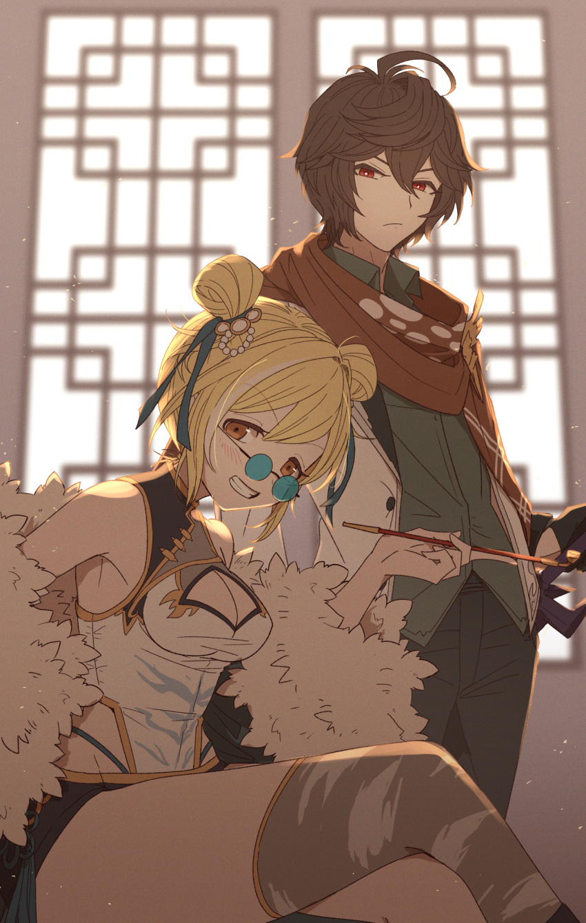 1boy 1girl ahoge armpits backlighting bare_shoulders bishounen black_pants black_shorts blonde_hair breasts brown_eyes brown_hair chinese_clothes cleavage_cutout clothing_cutout coat commentary commentary_request cowboy_shot djeeta_(granblue_fantasy) double_bun fur-trimmed_coat fur_trim granblue_fantasy grin hair_between_eyes hair_bun hair_intakes hair_ornament hand_up highres hip_vent holding holding_smoking_pipe light_frown light_particles looking_at_viewer medium_breasts p_okate pants red_eyes red_scarf round_eyewear sandalphon_(granblue_fantasy) sandalphon_(primarch_afterhours)_(granblue_fantasy) scarf short_hair shorts silverroar's_swiftclaw_(granblue_fantasy) sitting smile smoking_pipe thighhighs thong