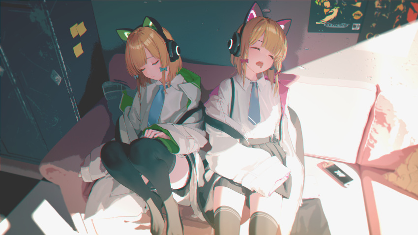 2girls absurdres animal_ear_headphones animal_ears black_skirt black_thighhighs blonde_hair blue_archive blue_necktie bow cat_ear_headphones closed_eyes collared_shirt commentary_request couch drooling fake_animal_ears green_bow hair_bow handheld_game_console head_tilt headphones highres hood hooded_jacket jacket knees_up long_sleeves low-tied_sidelocks midori_(blue_archive) miniskirt momoi_(blue_archive) mouth_drool multicolored_clothes multicolored_jacket multiple_girls necktie no_shoes open_mouth parted_bangs pleated_skirt red_bow shirt shirt_tucked_in short_shorts shorts siblings sisters sitting skirt sleeping sleeves_past_wrists sunlight suspenders tacshojosora thighhighs twins white_jacket white_shirt wide_sleeves zettai_ryouiki