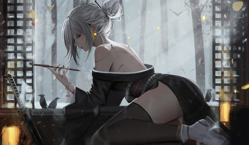 1girl a2_(nier:automata) bare_back bare_shoulders bird breasts closed_eyes full_body gloves hair_bun highres holding holding_smoking_pipe japanese_clothes kimono long_hair neo_(neorarty3) nier:automata nier_(series) parted_lips smoking_pipe snow socks solo sword thighhighs tree weapon white_hair