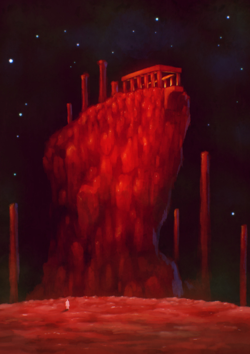 1other absurdres ambiguous_gender architecture building cliff column commentary_request elden_ring guru highres island outdoors pillar red_theme ruins scenery sky solo standing star_(sky) starry_sky very_wide_shot