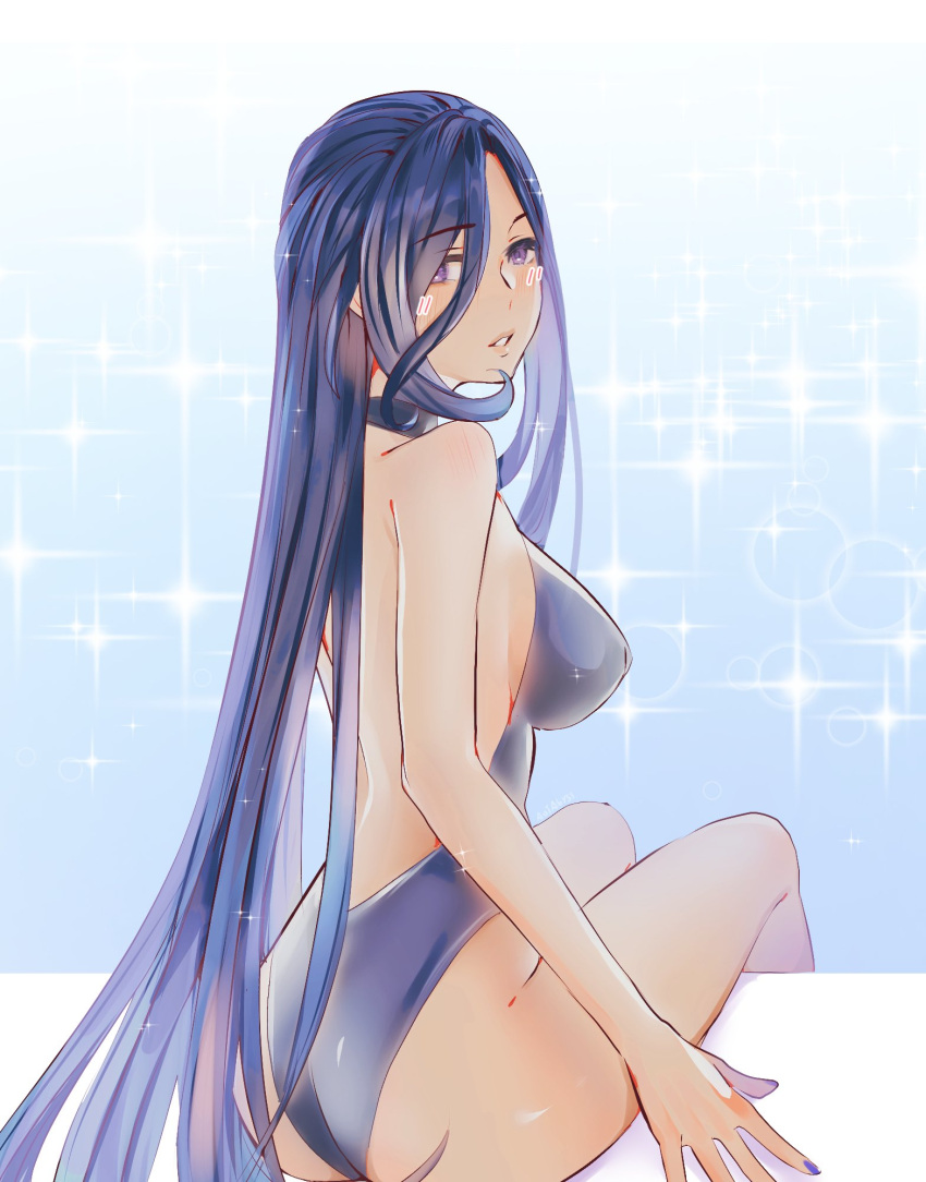 1girl aoiabyss ass bare_arms bare_back bare_shoulders blue_hair breasts clorinde_(genshin_impact) commentary genshin_impact highres large_breasts long_hair one-piece_swimsuit purple_eyes sitting solo swimsuit thighs very_long_hair