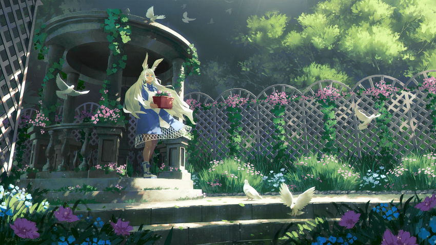 1girl agrafl animal_ears bird blonde_hair blue_dress blue_flower boots day dove dress english_commentary fence final_fantasy final_fantasy_xiv flower flower_pot grass highres holding holding_flower_pot long_hair long_sleeves outdoors pink_flower plant purple_flower rabbit_ears scenery shoes solo stairs standing sunlight tree very_long_hair warrior_of_light_(ff14) white_hair wide_shot