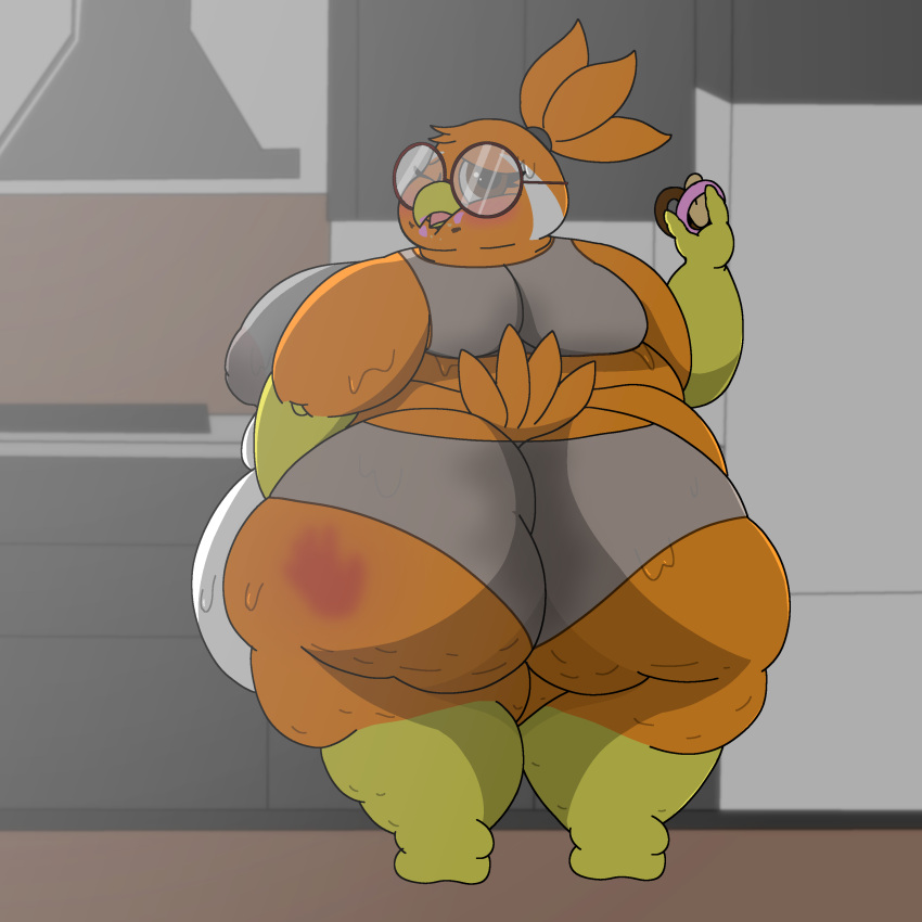 absurd_res anthro areola avian avian_(starbound) back_fat back_rolls beak belly big_belly big_breasts big_butt bird blush bodily_fluids bra breasts brown_eyes butt cellulite chubby_cheeks clothing cookie-pone cuia dessert doughnut eyewear feathers female food glasses hi_res huge_belly huge_butt huge_thighs inverted_nipples kitchen messy_eater morbidly_obese morbidly_obese_anthro morbidly_obese_female nipples obese obese_anthro obese_female orange_body orange_feathers overweight overweight_anthro overweight_female panties slap_mark solo starbound sweat sweaty_butt sweaty_clothing tail tail_feathers thick_thighs translucent translucent_clothing underwear white_body white_feathers wide_hips