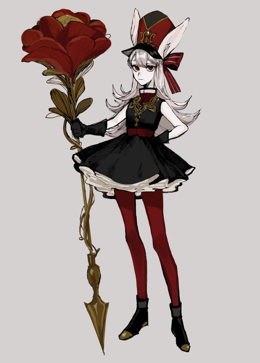 1girl albino animal_ears black_dress black_footwear black_gloves closed_mouth colored_skin dress flower full_body gloves grey_background grey_hair hand_on_own_hip hand_up hat hat_ribbon highres holding holding_polearm holding_weapon long_hair looking_at_viewer male_focus minai_mosa original pantyhose polearm rabbit_ears rabbit_girl red_eyes red_flower red_pantyhose red_ribbon ribbon shoes short_dress simple_background solo standing weapon white_skin