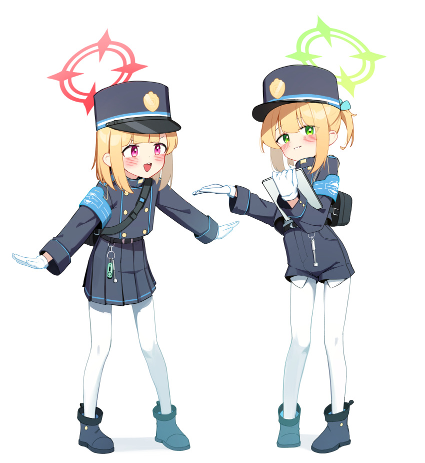 2girls absurdres black_footwear black_hat black_shirt black_shorts black_skirt blonde_hair blue_archive blush boots cosplay full_body gloves green_eyes green_halo halo hat highres long_sleeves midori_(blue_archive) momoi_(blue_archive) multiple_girls open_mouth pantyhose peaked_cap pleated_skirt red_eyes red_halo shirt short_hair shorts siblings simple_background sisters skirt smile twins white_background white_gloves white_pantyhose whonyang