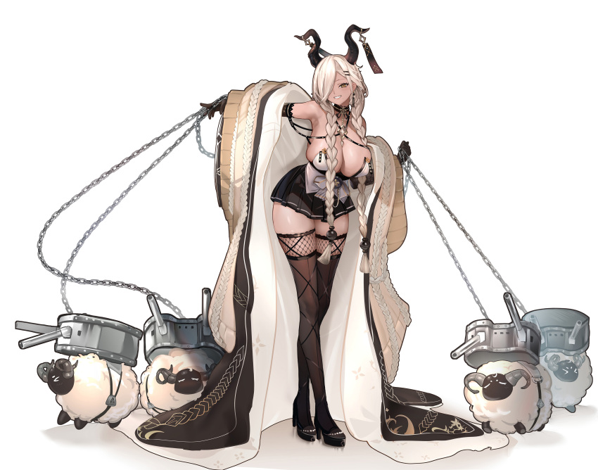 1girl absurdres azur_lane black_footwear black_gloves black_horns black_skirt blonde_hair braid breasts brown_thighhighs cable_knit chain cleavage coat commentary dark-skinned_female dark_skin full_body gloves grin hair_ornament hair_over_one_eye high_heels highres horn_ornament horns huge_breasts large_horns leaning_forward long_bangs long_hair long_sleeves looking_at_viewer low_twin_braids miniskirt mole mole_under_mouth open_clothes open_coat outstretched_arm owari_(azur_lane) pleated_skirt sheep shoes simple_background skirt smile solo thighhighs twin_braids very_long_hair white_background wide_sleeves yellow_eyes yoyoleaf zettai_ryouiki