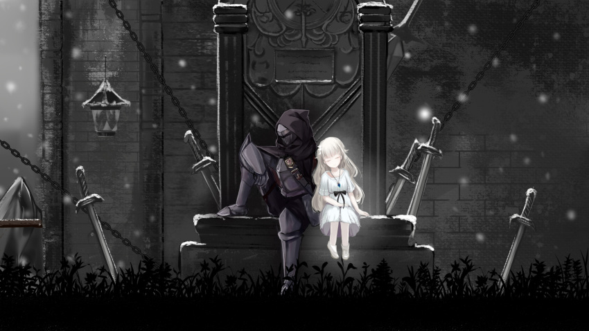 1boy 1girl armor chain cloak dress ender_lilies_quietus_of_the_knights full_armor full_body grey_hair highres hood hooded_cloak jewelry knight lily_(ender_lilies) long_hair necklace planted planted_sword sitting snow snowing sorodo sword umbral_knight_(ender_lilies) weapon white_dress