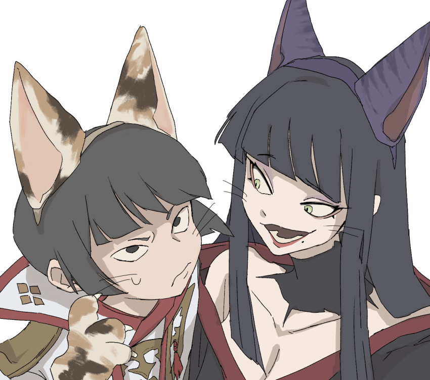 1boy 1girl animal_ear_hairband animal_ears animal_hands asahi_sas_brutus black_collar black_eyes black_hair blunt_bangs breasts brother_and_sister brown_hairband cleavage collar collarbone fake_animal_ears final_fantasy final_fantasy_xiv frown glaa_da green_eyes hairband hand_up high_collar highres hyur long_hair looking_at_another looking_up mole mole_under_mouth off_shoulder open_mouth portrait purple_hairband red_trim short_hair siblings simple_background slit_pupils smile straight_hair sweatdrop whiskers white_background yotsuyu_goe_brutus