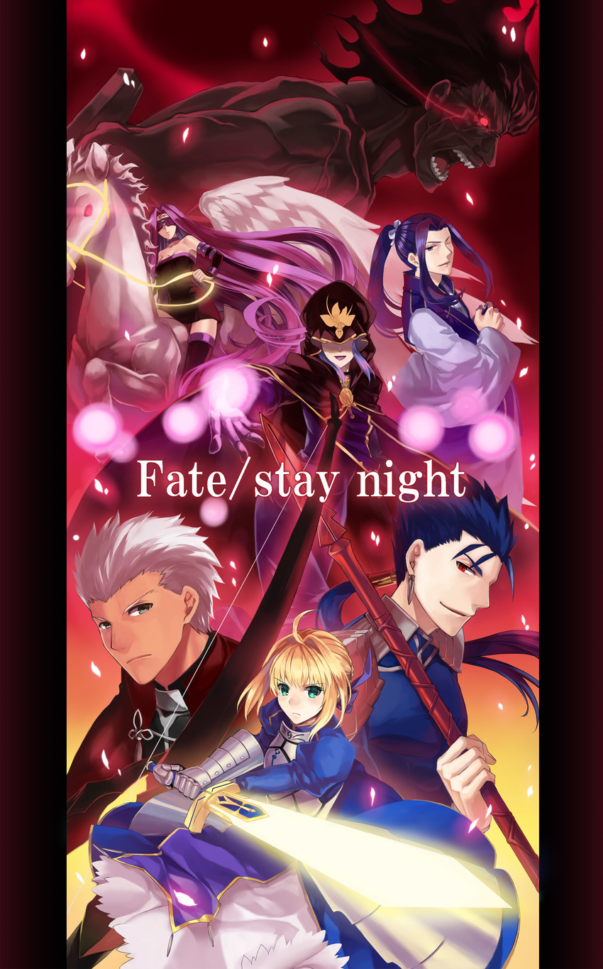 4boys absurdres archer artoria_pendragon_(all) assassin_(fate/stay_night) bad_id bad_pixiv_id bellerophon berserker bow_(weapon) caster excalibur fate/stay_night fate_(series) gae_bolg glowing glowing_sword glowing_weapon highres horse lancer multiple_boys multiple_girls pegasus polearm rider saber spear weapon ycco_(estrella)