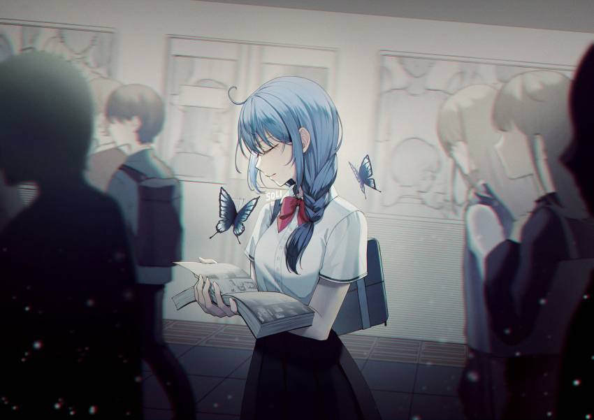 1girl ahoge bag black_skirt blue_butterfly blue_hair blurry book bow bowtie braid bug butterfly closed_eyes closed_mouth collared_shirt hair_over_shoulder highres holding holding_book indoors long_hair manga_(object) multiple_girls open_book original paper people pleated_skirt red_bow red_bowtie school_bag school_uniform shirt short_sleeves single_braid skirt soli_(pouiliuoq_soli) solo_focus standing train_station white_shirt