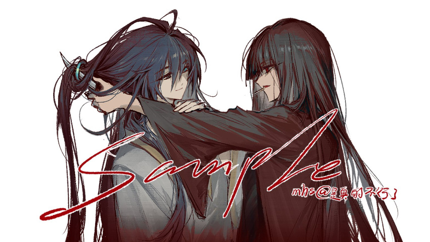 1boy 1girl black_eyes black_hair blue_eyes coat cutting_hair g7cdpdto2i6hot6 heterochromia holding holding_knife hong_lu_(project_moon) knife limbus_company long_hair project_moon red_coat red_eyes ryoshu_(project_moon) sample_watermark simple_background upper_body very_long_hair watermark white_background white_coat white_hanfu