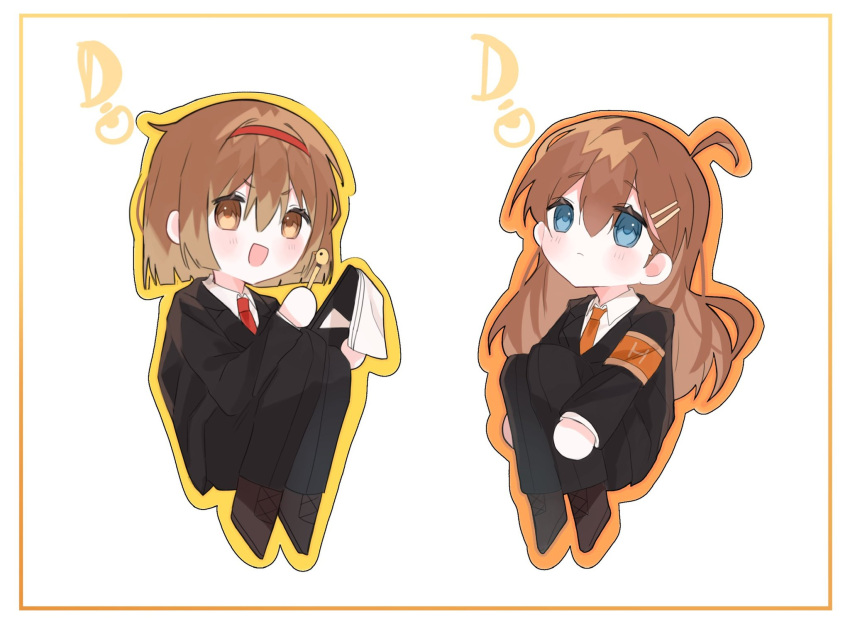 2girls armband black_jacket black_pants blue_eyes border brown_eyes brown_hair chibi chibi_only collared_shirt hair_ornament hairclip highres hod_(project_moon) holding holding_notepad holding_pen jacket knees_up lobotomy_corporation long_sleeves malkuth_(project_moon) mimingaminchi multiple_girls necktie notepad orange_necktie pants pen project_moon red_necktie shirt short_hair simple_background white_background white_shirt yellow_border