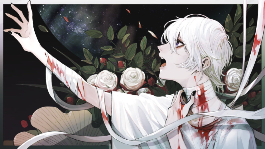 1boy arm_up bandaged_arm bandaged_neck bandages black_background black_nails blood blood_on_arm blood_on_bandages blood_on_clothes blood_on_neck flower hand_up highres hospital_gown looking_at_viewer looking_to_the_side male_focus minai_mosa open_mouth original outstretched_arms purple_eyes reaching rose short_hair solo upper_body white_flower white_hair white_rose wide_sleeves