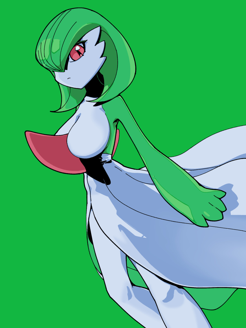 1girl absurdres arm_at_side bob_cut breasts closed_mouth colored_skin commentary dutch_angle expressionless gardevoir green_background green_hair green_skin green_theme hair_over_one_eye highres large_breasts looking_at_viewer metzsa multicolored_skin no_nipples one_eye_covered pokemon pokemon_(creature) red_eyes short_hair simple_background solo standing two-tone_skin white_skin