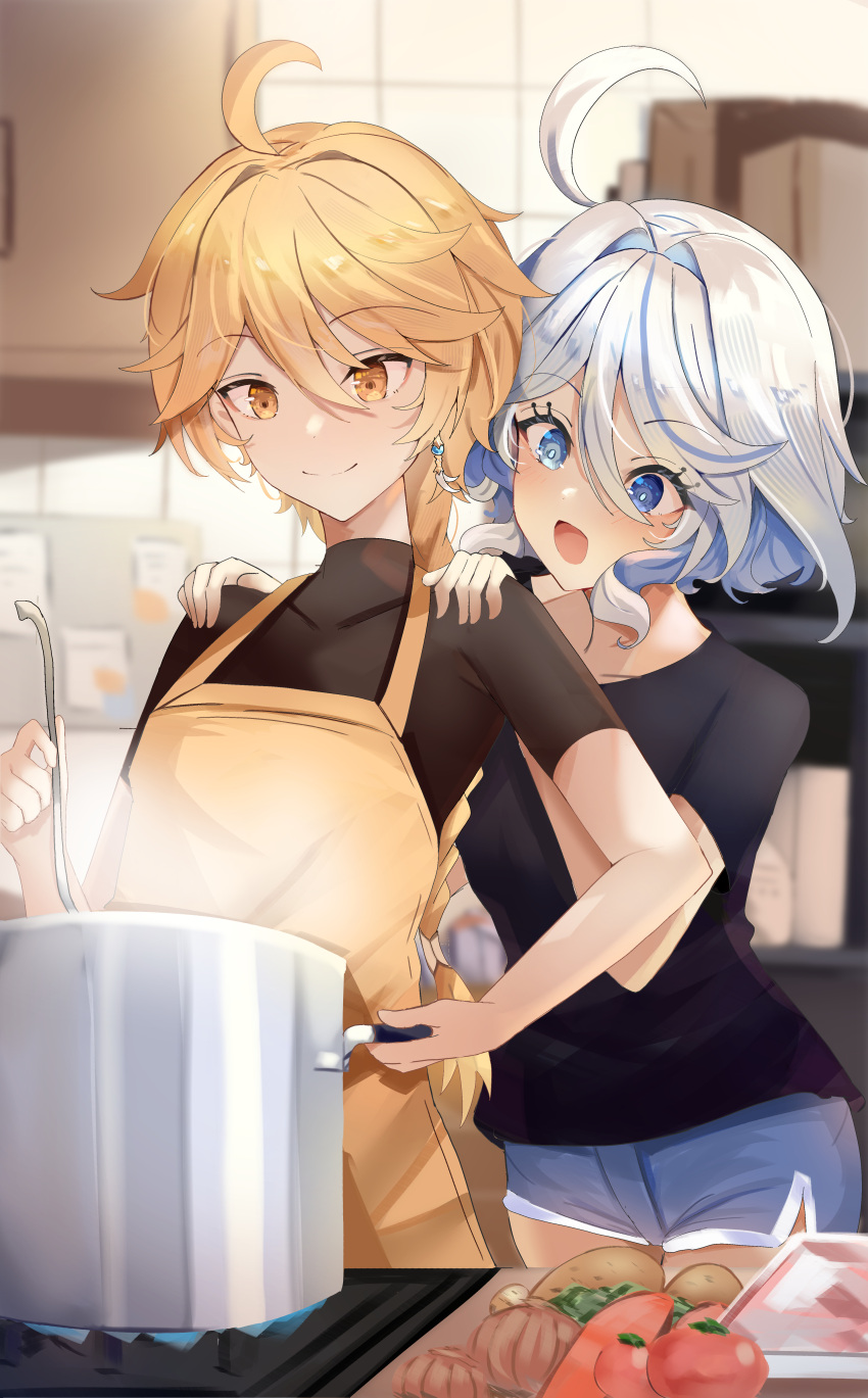 1boy 1girl absurdres aether_(genshin_impact) ahoge alternate_costume apron behind_another bimmy black_shirt black_undershirt blonde_hair blue_eyes blue_shorts brown_apron casual closed_mouth cooking cooking_pot cowlick furina_(genshin_impact) genshin_impact hands_on_another's_shoulders heterochromia highres indoors kitchen long_hair low-braided_long_hair low-tied_long_hair open_mouth shirt short_hair short_shorts shorts smile tomato upper_body wavy_hair white_hair yellow_eyes