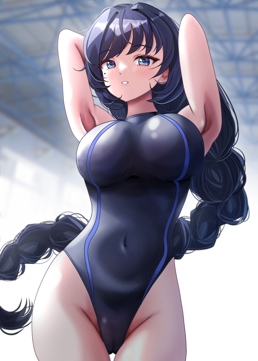 1girl agedashi_doufu_mk23 armpits arms_behind_head black_hair black_one-piece_swimsuit blue_eyes breasts commentary_request competition_swimsuit covered_navel groin highleg highleg_swimsuit highres large_breasts long_hair one-piece_swimsuit original parted_lips solo swimsuit turtleneck two-tone_swimsuit very_long_hair