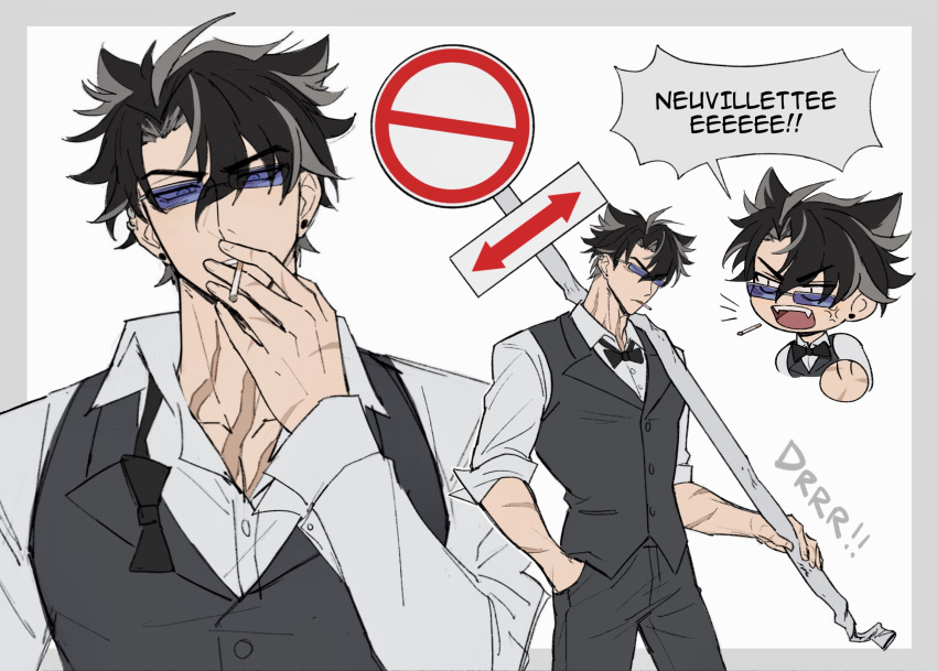 1boy acupofbread anger_vein arrow_(symbol) black_bow black_bowtie black_hair black_vest blue-tinted_eyewear blue_eyes border bow bowtie buttons cigarette closed_mouth collared_shirt commentary cosplay cowboy_shot dress_shirt durarara!! ear_piercing earrings english_commentary english_text fang genshin_impact grey_border grey_hair hair_between_eyes hand_in_pocket hand_up heiwajima_shizuo heiwajima_shizuo_(cosplay) highres holding holding_cigarette holding_sign jewelry long_sleeves looking_at_viewer male_focus multicolored_hair multiple_views no_entry_sign notice_lines open_mouth outside_border parted_bangs parted_lips piercing road_sign scar scar_on_hand scar_on_neck shirt short_hair sign simple_background sleeves_rolled_up speech_bubble streaked_hair stud_earrings sunglasses teeth tinted_eyewear undone_bowtie upper_body upper_teeth_only v-shaped_eyebrows vest white_background white_shirt wing_collar wriothesley_(genshin_impact)