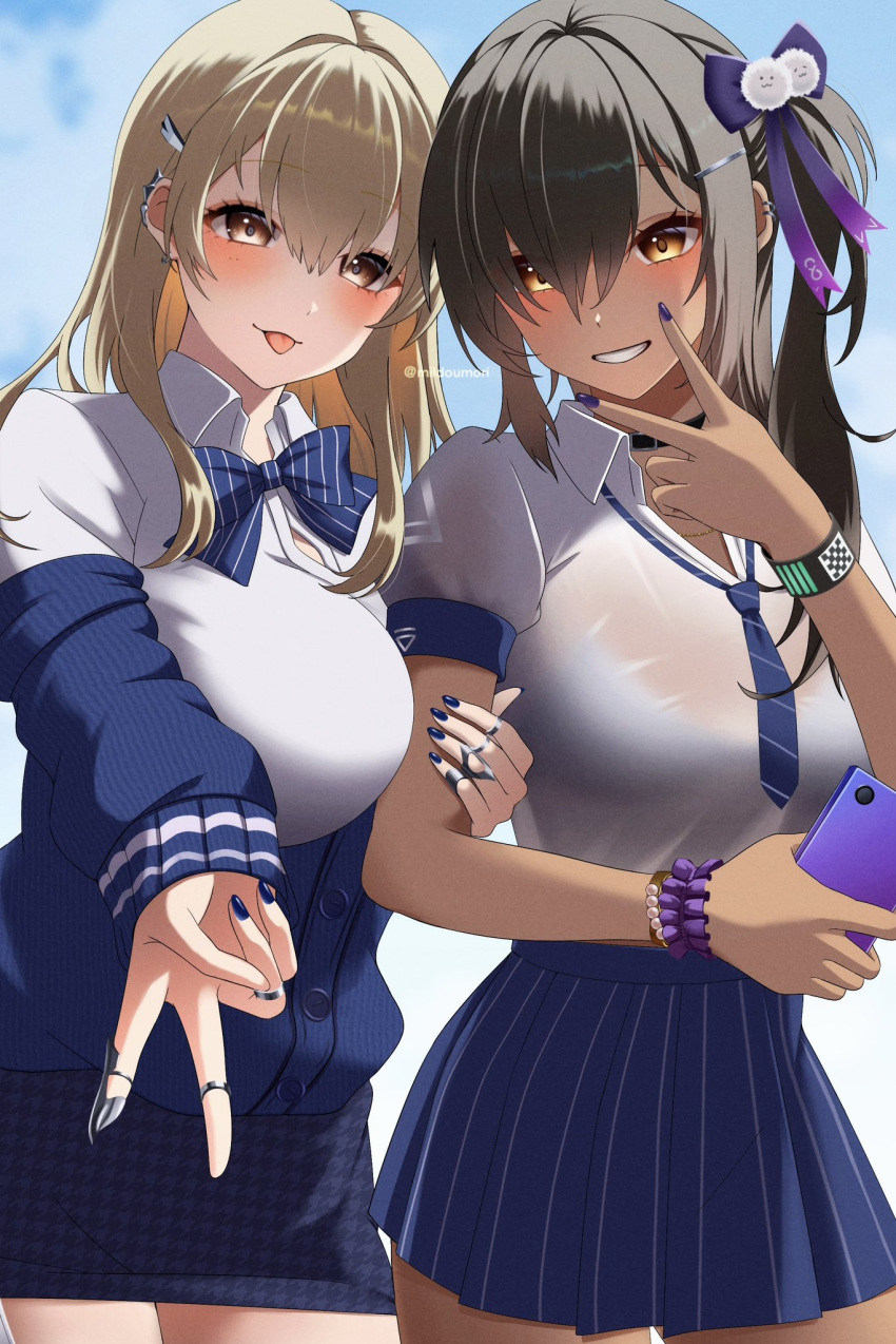 2girls :p bead_bracelet beads belt_pouch black_bra blonde_hair blue_bow blue_bowtie blue_jacket blue_nails blue_necktie blue_skirt blush bow bowtie bra bra_visible_through_clothes bracelet breasts brown_eyes brown_hair cellphone claw_ring collared_shirt cropped_shirt dark-skinned_female dark_skin dazzling_pearl_(nikke) ear_piercing goddess_of_victory:_nikke grin hair_ornament hair_over_one_eye highres holding holding_phone jacket jewelry large_breasts long_hair looking_at_viewer loose_necktie milmil7 multiple_girls multiple_rings naga_(nikke) nail_polish necktie off-shoulder_jacket off_shoulder pencil_skirt phone piercing pleated_skirt pouch puffy_sleeves purple_nails ring scrunchie shirt short_sleeves side_ponytail skirt sleeves_past_wrists smartphone smile strap striped_necktie tia_(nikke) tongue tongue_out underwear v_over_mouth white_shirt wrist_scrunchie