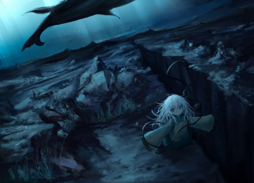 1girl buttons canyon closed_mouth collared_shirt dutch_angle frilled_shirt frills grey_eyes grey_hair heart heart_of_string highres komeiji_koishi long_hair long_sleeves looking_at_viewer reverinth rock seafloor shirt sleeves_past_fingers sleeves_past_wrists solo touhou underwater whale wide_shot wide_sleeves yellow_shirt