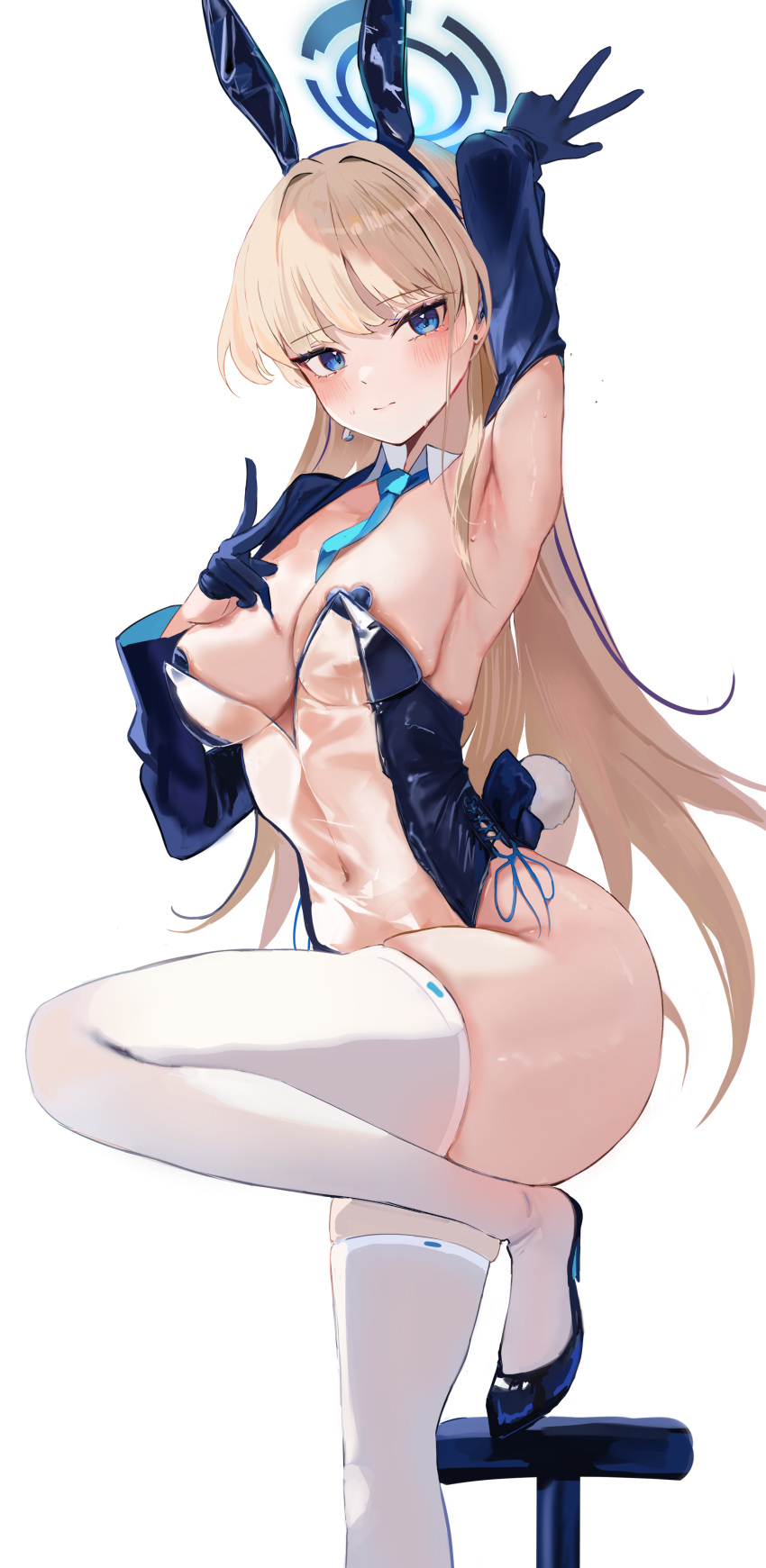1girl absurdres animal_ears armpits ass black_footwear blonde_hair blue_archive blue_eyes blue_halo blue_leotard blush bunny_kitsune closed_mouth detached_collar fake_animal_ears halo high_heels highres leotard long_hair looking_at_viewer rabbit_ears see-through see-through_leotard simple_background solo thighhighs toki_(blue_archive) toki_(bunny)_(blue_archive) white_background white_thighhighs