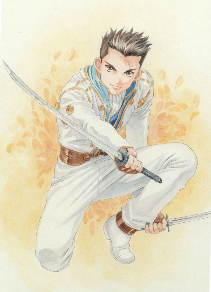 1boy black_hair brown_eyes brown_gloves closed_mouth dual_wielding fighting_stance fingerless_gloves gloves gold_buttons highres holding holding_sword holding_weapon jacket katana long_sleeves looking_at_viewer male_focus matsubara_hidenori military military_uniform nose official_art on_one_knee oogami_ichirou pants parted_lips pocket sakura_taisen sega shadow shoes short_hair simple_background smile solo solo_focus spiked_hair sword third-party_source traditional_media uniform weapon white_footwear white_jacket white_pants white_sleeves yellow_background
