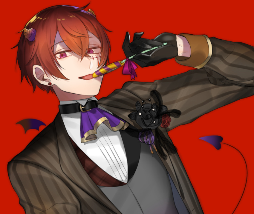 1boy :d aho_no_sakata ascot belt_collar black_collar black_flower black_gloves black_rose boutonniere brown_jacket candy collar demon_boy demon_horns demon_tail demon_wings earrings facial_mark flower flower_earrings food food_in_mouth gloves grey_vest hair_between_eyes hassan_(sink916) holding holding_candy holding_food holding_lollipop horns jacket jewelry lollipop long_sleeves looking_at_viewer male_focus mini_wings official_art open_clothes open_jacket parted_bangs purple_ascot red_background red_eyes red_hair rose shirt short_hair simple_background sleeve_cuffs smile solo striped_clothes striped_jacket stud_earrings suit_jacket tail upper_body urashimasakatasen utaite vertical-striped_clothes vertical-striped_jacket vest white_shirt wings