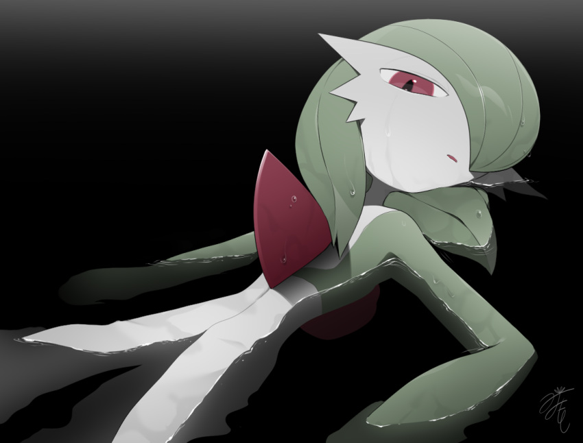 black_background colored_skin dress gardevoir gradient_background green_hair green_skin lotosu medium_hair multicolored_skin one_eye_covered partially_submerged pokemon pokemon_(creature) red_eyes red_skin signature water white_dress white_skin