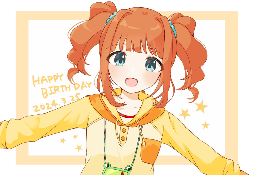 1girl 765pro522 blue_eyes blush dated happy_birthday highres hood hoodie idolmaster idolmaster_(classic) looking_at_viewer open_mouth orange_hair outstretched_arms smile solo spread_arms star_(symbol) takatsuki_yayoi twintails